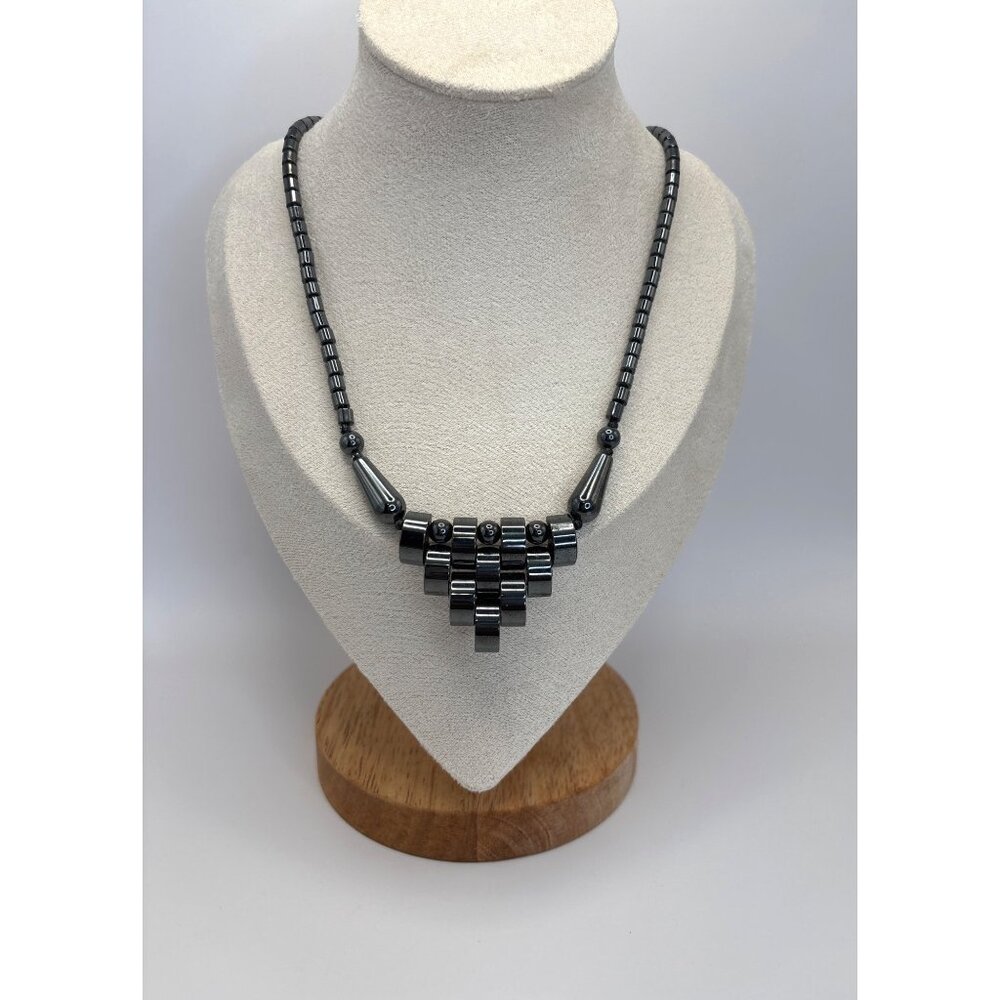 Vintage Hematite Geometric Pyramid Metallic Gunmetal Gray 17" Necklace